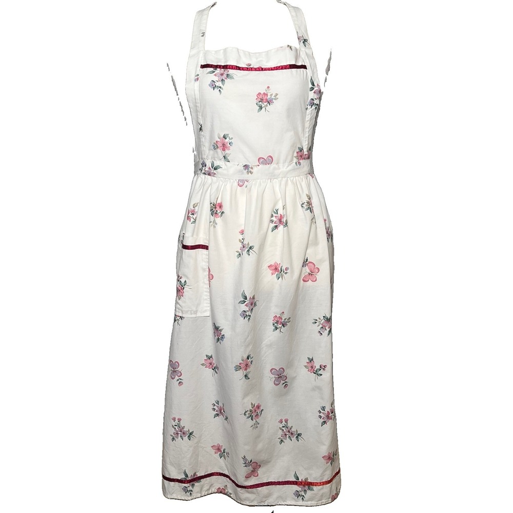 Floral Country Cottage Bib Apron Pocket Cotton Satin Trim Mid Century Hostess